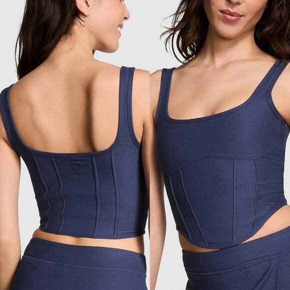 NEW NWT VS PINK VICTORIA'S SECRET Cinched Piqué Corset Top Navy Blue Crop Top L - Picture 1 of 16